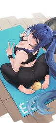 1girl absurdres ass azur_lane barefoot blue_eyes blue_hair breasts chiyu1182 cleavage feet highres leggings long_hair looking_at_viewer new_jersey_(azur_lane) ponytail soles sports_bra toes v yoga_mat