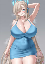 1girl asuna_(blue_archive) bare_shoulders blonde_hair blue_archive blue_dress blue_eyes blue_halo blush breasts cleavage collarbone covered_navel dress hair_over_one_eye hair_ribbon halo highres huge_breasts long_hair mole mole_on_breast ribbon smile solo thighs valdius44 very_long_hair watermark
