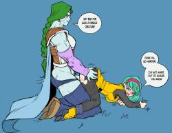 1boy 1girl ass blue_background blush boots braid breasts bulma cape clothed_sex doggystyle dragon_ball dragonball_z drooling english_text feet from_side full_body grabbing_another&#039;s_ass green_eyes green_hair hairband happy happy_sex hetero highres legs long_braid medium_breasts medium_hair no_panties open_mouth penis plumlewds saliva sex sex_from_behind shoes simple_background single_braid smile speech_bubble thighhighs thighs top-down_bottom-up torn_clothes vaginal zarbon