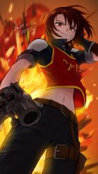 1girl arc_the_lad_iii bandage_on_face bandages belt brown_eyes cheryl_(arc_the_lad) closed_mouth dated explosion gloves gun handgun highres holding holding_gun holding_weapon leg_belt looking_at_viewer navel norao red_hair revolver short_hair smile solo weapon