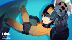 Rule 34 | 1boy, absurdres, arm cannon, black gloves, blue background, bodysuit, drop shadow, gloves, helmet, highres, holding, holding weapon, looking at viewer, male focus, mega man (character), mega man (classic), mega man (series), saw, signature, solo, sparkle, weapon, yasaikakiage, yellow bodysuit