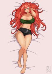 1girl adjusting_hair armpits artist_logo averting_eyes barefoot black_shorts blush breasts camisole closed_mouth elf embarrassed eyebrows_hidden_by_hair full_body green_camisole green_hair highres large_breasts large_ears lips logo long_hair lying midriff mooneyeart navel on_back on_bed original pointy_ears red_hair shorts smile tan toes very_long_hair