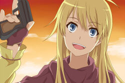 Rule 34 | 1boy, :d, androgynous, blonde hair, blue eyes, cloud, commentary, fingerless gloves, gloves, gradient sky, gun, hair between eyes, hand up, handgun, head tilt, holding, holding gun, holding weapon, long hair, long sleeves, looking at viewer, negiko123123, open mouth, orange sky, portrait, sky, smile, solo, teeth, thor (toaru majutsu no index), toaru majutsu no index, toaru majutsu no index: new testament, tongue, upper teeth only, weapon, yellow sleeves