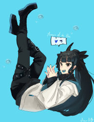 1girl absurdres air_bubble artemis_of_the_blue atelier_live billyonthestraw black_boots black_eyes black_hair black_pants blue_background blue_nails blue_tongue blunt_bangs blush boots bubble colored_tongue ear_piercing hair_ribbon heart highres hood hood_down hoodie lace-up_boots mole mole_under_eye open_mouth own_hands_together pants piercing ponytail ribbon shark_fin shark_girl sharp_teeth solo submerged teeth thigh_strap underwater virtual_youtuber white_hoodie