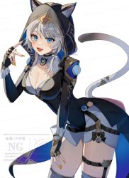 1girl animal_ear_fluff animal_ears black_gloves blue_eyes breasts cat_ears cat_girl cat_tail cipher_(honkai:_star_rail) cleavage collarbone commentary cowboy_shot fangs fingerless_gloves gloves grey_hair highres honkai:_star_rail honkai_(series) hood hood_up hooded_leotard large_breasts leaning_forward looking_at_viewer miyanami_3 mole mole_on_collarbone nail_polish open_mouth simple_background solo tail white_background yellow_nails