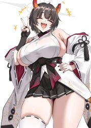 1girl absurdres bare_shoulders black_bridal_gauntlets black_hair black_skirt blue_archive blunt_bangs breasts bridal_gauntlets broken_horn closed_eyes cowboy_shot detached_sleeves earrings gradient_horns halo highres hoop_earrings horns japanese_clothes jewelry kimono large_breasts miniskirt mole mole_under_eye multicolored_horns niya_(blue_archive) orange_horns pleated_skirt short_hair sideboob sideless_kimono single_thighhigh skirt sleeveless sleeveless_kimono smile solo thighhighs thighs v white_background white_halo white_kimono woo_(woosan)