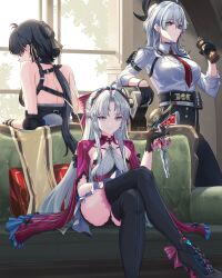 3girls =_hair_ornament absurdres ahoge arm_pouch arm_rest armpit_crease bare_shoulders black_boots black_choker black_dress black_gloves black_hair black_horns black_pants black_pouch boots bow bpo_00 breasts button_gap can canned_coffee carlotta_(wuthering_waves) choker closed_mouth collared_shirt commentary_request couch crossed_legs curled_horns dress drink_can earrings elbow_pads female_rover_(wuthering_waves) from_behind gloves gun hair_between_eyes hair_bow hair_ornament hair_ribbon hairband half_gloves hand_up harness high-waist_pants highres holding holding_can holding_gun holding_weapon horns indoors jacket jewelry key_earrings large_breasts leaning_back leaning_on_object long_hair long_sidelocks looking_ahead looking_at_viewer looking_back medium_breasts mole mole_under_eye multicolored_eyes multiple_girls necktie on_couch pangu_terminal_(wuthering_waves) pants parted_bangs pink_bow pink_hairband pink_jacket pink_thighhighs red_eyes red_necktie ribbon rover_(wuthering_waves) shirt shirt_tucked_in sidelocks sitting sleeves_rolled_up smile standing striped_bow thighhighs thighhighs_under_boots tight_clothes tight_pants triangle_earrings two-tone_eyes very_long_hair weapon white_dress white_hair white_shirt window wuthering_waves yellow_eyes yellow_ribbon zani_(wuthering_waves)