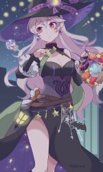 1girl 343rone absurdres bare_shoulders black_dress black_hat black_sleeves breasts candy cleavage detached_sleeves dress female_corrin_(fire_emblem) female_corrin_(halloween)_(fire_emblem) fire_emblem fire_emblem_fates fire_emblem_heroes food frilled_sleeves frills halloween halloween_costume hat highres large_breasts lollipop long_hair nintendo official_alternate_costume pointy_ears red_eyes smile solo standing thighs white_hair witch witch_hat