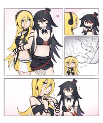 biting black_hair black_skirt blonde_hair blue_eyes choker fang flapper_shirt hat headset highres imagining lily_(vocaloid) luna_(anim.o.v.e) mehyuew39 messy_hair mini_hat neck_biting red_eyes shirt skirt two-tone_skirt vocaloid white_skirt yellow_skirt yuri