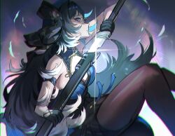 1girl absurdres arm_strap bare_shoulders beret billsuu black_bow black_collar black_gloves black_hair black_pantyhose black_skirt blue_eyes blue_hat blue_shirt bow breasts chromatic_aberration collar commentary drawing_sword english_commentary feather_hair from_side gloves hair_bow hat heavy_chromatic_aberration highres holding holding_sword holding_weapon long_hair looking_at_viewer medium_breasts pantyhose parted_lips scabbard sheath shirt skirt solo sword unsheathing very_long_hair weapon wuthering_waves yangyang_(wuthering_waves)