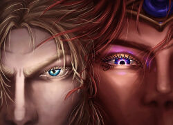 2boys blonde_hair blue_eyes blue_gemstone brothers cheek-to-cheek close-up colored_eyelashes colored_skin eyelashes fantasy forehead_jewel gem gold_eyeshadow heads_together jewelry kathy-rah leman_russ long_hair magnus_the_red multicolored_eyes multiple_boys primarch red_hair red_skin siblings sketch warhammer_40k