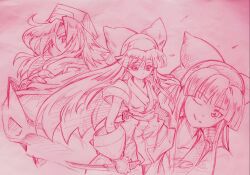 Rule 34 | 3girls, ainu clothes, breasts, clenched hand, crossed arms, dual persona, expressionless, fingerless gloves, gloves, hair ribbon, highres, legs, looking at viewer, medium breasts, monochrome, multiple girls, murasaki nakoruru, nakoruru, one eye closed, pants, parted lips, rera, ribbon, samurai spirits, scarf, serious, short hair, smile, snk, thighs, traditional media, weapon