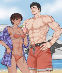 beach berserk bikini black_hair blue_shirt bracelet breasts casca_(berserk) cleavage cowboy_shot cross_scar crylin6 dark-skinned_female dark_skin drinking guts_(berserk) hand_on_own_hip hawaiian_shirt highres holding holding_surfboard jewelry male_swimwear medium_breasts muscular muscular_male ocean pectorals red_bikini red_male_swimwear scar scar_on_arm scar_on_chest scar_on_face scar_on_leg scar_on_nose scar_on_stomach shirt short_hair surfboard swimsuit topless_male tropical_drink