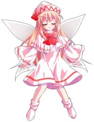 1girl a-pose alphes_(style) blonde_hair blush bobby_socks bow bowtie capelet closed_eyes commentary_request crying dairi dress fairy fairy_wings full_body hair_between_eyes hat hat_bow large_variant_set legs_apart lily_white long_hair long_sleeves no_shoes parody parted_lips red_bow red_bowtie socks solo style_parody tachi-e tears touhou transparent_background variant_set white_capelet white_dress white_hat white_socks wide_sleeves wings