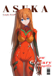 1girl artist_request blue_eyes bodysuit breasts brown_hair character_name cover cowboy_shot english_text fake_cover gloves hair_between_eyes highres interface_headset_(evangelion) long_hair looking_at_viewer mecha_pilot_suit neon_genesis_evangelion plugsuit_(evangelion) red_bodysuit shiny_clothes simple_background smile solo souryuu_asuka_langley two_side_up