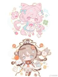 &gt;_&lt; 2girls ahoge animal_ears ankle_socks apron basket beads black_hairband black_hat black_ribbon black_shirt black_shoes blue_bow blue_dress blue_eyes bone bow bowtie braid brown_hair cat checkerboard_cookie chibi chinese_commentary clock closed_mouth clover collared_shirt commentary_request cookie donut dot_nose dress expressionless eyelashes floral_print flower food food-themed_hair_ornament footwear_ribbon four-leaf_clover fox fox_ears fox_girl fox_tail frilled_dress frilled_jacket frilled_sleeves frilled_socks frills fruit ghost ghost_hair_ornament grey_dress grey_pantyhose hair_beads hair_between_eyes hair_bow hair_ornament hairband halftone happy hat hat_ribbon highres holding holding_basket jacket kneehighs koiliblikas layered_legwear leg_ribbon light_blush long_hair long_sleeves lop_rabbit_ears low_twin_braids low_twintails medium_dress multiple_girls neck_ribbon open_mouth orange_ribbon original outline outstretched_arm pantyhose paper party_hat pink_bow pink_bowtie pink_eyes pink_hair pink_shoes pocket puffy_short_sleeves puffy_sleeves rabbit_ears ribbon shirt shirt_under_dress shoes short_sleeves simple_background single_sock sleeves_past_fingers sleeves_past_wrists smile socks standing star_(symbol) star_print strawberry swept_bangs tail tareme teapot twin_braids twintails very_long_hair watermark weibo_watermark white_apron white_background white_flower white_jacket white_ribbon white_shirt white_socks yarn yarn_ball yellow_outline