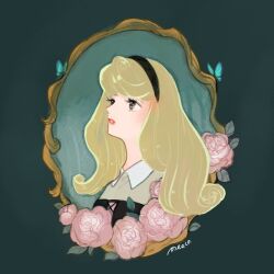 animification aurora_(disney) blonde_hair blue_eyes brown_eyes dress flower hairband long_hair long_sleeves looking_at_viewer meecosme red_lips simple_background sleeping_beauty_(disney) solo tagme