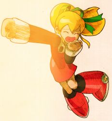 1girl android arm_up bengus blonde_hair blue_eyes boots capcom closed_eyes dress full_body game_cg green_ribbon hair_ribbon highres knee_boots legs_up long_hair long_sleeves marvel_vs._capcom marvel_vs._capcom_2 mechanical_boots mechanical_legs mega_man_(classic) mega_man_(series) non-web_source official_art open_mouth outstretched_arm ponytail punching red_boots red_dress red_skirt ribbon robot_girl roll_(mega_man) scan scared sidelighting simple_background skirt solo