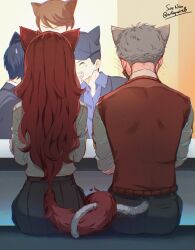 Rule 34 | 2girls, 3boys, animal ears, blush, cat ears, flirting, gekkoukan high school uniform, highres, iori junpei, kirijou mitsuru, long hair, multiple boys, multiple girls, persona, persona 3, pleated skirt, red hair, sanada akihiko, school uniform, sitting, skirt, soc nau, sweater vest, tail, tail wrap, takeba yukari, yuuki makoto (persona 3)