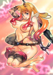 1girl animal_ears bad_id bad_pixiv_id barefoot blonde_hair blue_eyes blush blush_stickers body_blush breasts captain_of_the_royal_guard_elina covering_breasts covering_privates elina_(queen&#039;s_blade) f.s. feet female_focus large_breasts long_hair melona_(queen&#039;s_blade) monster_girl navel nipples no_bra nose_blush personification protean_assassin_melona queen&#039;s_blade rabbit_ears see-through_clothes simple_background slime_(substance) slime_girl solo sword thighs toes topless_female transformation weapon