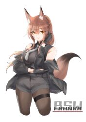 1girl animal_ear_fluff animal_ears arknights bare_shoulders black_gloves black_shirt black_shorts braid brown_hair brown_pantyhose brown_tail character_name closed_mouth commentary cropped_legs fox_ears fox_girl fox_tail franka_(arknights) gloves hair_between_eyes hand_in_own_hair highres hiiragi_(hiragi_w_p_e) light_smile long_hair looking_at_viewer orange_eyes pantyhose shirt shorts simple_background sleeveless sleeveless_shirt solo standing tail thigh_strap white_background