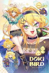 Rule 34 | 1girl, :d, aqua eyes, aqua shirt, artist name, black boots, black choker, black hairband, black shirt, blonde hair, boots, cartridge, character name, chibi, choker, doki amber doge (dokibird), dokibird, dokibird (retro doki), dokibird (summer), dragoon (dokibird), english text, full body, green eyes, grey shorts, hairband, highres, indie virtual youtuber, long hair, medium hair, multiple views, necktie, open mouth, orange necktie, shirt, short shorts, shorts, smile, sunglasses, toasterkiwi, virtual youtuber