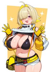 1girl :3 absurdres bare_shoulders bikini black_bikini blonde_hair blush border breasts cleavage clothes_lift colored_inner_hair cowboy_shot cropped_sweater detached_sleeves elegg_(nikke) exposed_pocket fang gloves goddess_of_victory:_nikke grey_shorts hair_intakes hair_over_one_eye hands_up highres large_breasts lifting_own_clothes long_sleeves looking_at_viewer micro_shorts moursho multicolored_gloves multicolored_hair navel open_mouth outside_border puffy_long_sleeves puffy_sleeves purple_eyes short_hair shorts skindentation smile solo sparkle stomach suspender_shorts suspenders sweater sweater_lift swimsuit thighs turtleneck turtleneck_sweater two-sided_gloves white_border white_sweater yellow_background yellow_gloves