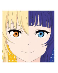 Rule 34 | 2girls, artbook, asaka karin, blonde hair, blue eyes, close-up, closed mouth, highres, looking at viewer, love live!, love live! nijigasaki high school idol club, miyashita ai, multiple girls, non-web source, official art, orange eyes, purple hair, smile, sparkle, yokota takumi