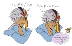 2boys angry arrow_(symbol) bandana blonde_hair blue_shirt brown_eyes chibi chibi_inset clenched_teeth emperor_(ff2) english_text final_fantasy final_fantasy_ii firion gem grey_hair horns male_focus multiakimo multiple_boys ponytail red_gemstone shirt speech_bubble teeth white_background