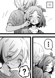 2girls blush bow_hairband brushing_another&#039;s_teeth closed_eyes closed_mouth commentary ebizuka_tomo girls_band_cry greyscale hairband hand_on_another&#039;s_head highres holding holding_toothbrush lwmina70119 medium_hair mole mole_under_eye monochrome multiple_girls rupa_(girls_band_cry) shirt short_hair short_sleeves toothbrush yuri