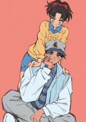 1boy 1girl aqua_jacket ba_ko baseball_cap blue_shirt blush brown_hair cable_knit closed_mouth collared_shirt green_eyes grey_hat grey_pants hair_ribbon hands_on_another&#039;s_shoulders hat hattori_heiji head_on_hand indian_style jacket leaning_forward looking_at_viewer medium_hair meitantei_conan pants pink_background pointy_ears red_ribbon ribbon shirt short_hair sitting smile striped_clothes striped_shirt sweater tooyama_kazuha white_sleeves yellow_sweater