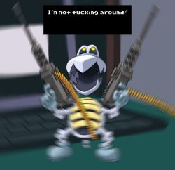 Rule 34 | 1other, aiming up, ammunition belt, animal skeleton, blue gloves, blue shoes, blurry, browning m1919, commentary, computer, dialogue box, dry bones, dual wielding, english commentary, english text, gloves, gun, holding, laptop, lisa (series), lisa the joyful, looking up, machine gun, mario (series), meme, minuspal, nintendo, open mouth, profanity, second-party source, shoes, skeleton, solo, turtle shell, weapon, yellow eyes