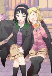 2girls :d ^_^ alternate_hairstyle bench black_coat black_eyes black_hair black_socks black_thighhighs blonde_hair cardigan cellphone closed_eyes coat collared_shirt cup drink empty_eyes fang foam_mustache hair_bun hairband halloween highres hikaru_(ofuton_at5) holding holding_cup holding_hands holding_phone kneehighs leaning_on_person loose_necktie medium_hair mima_sachi minami_koharu mug multiple_girls necktie open_clothes open_coat open_mouth parted_lips phone pink_cardigan pink_hairband pleated_skirt purple_necktie purple_sweater school_uniform selfie shirt single_horizontal_stripe sitting skirt smartphone smile socks sweater thighhighs watashi_ga_motenai_no_wa_dou_kangaetemo_omaera_ga_warui! wavy_hair white_shirt zettai_ryouiki