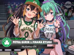 2girls ;3 absurdres alternate_costume anime_coloring audience baseball_cap basketball_jersey belt_collar black_hair black_jacket blue_collar blue_hair blue_jacket blue_shirt blue_skirt blurry blurry_background blush boston_celtics bracelet braid chain chain_necklace closed_mouth clover_earrings collar collarbone collared_shirt colored_inner_hair crossed_legs dallas_mavericks ear_chain fake_screenshot finana_ryugu fins fish_hair_ornament flower green_hair green_hat green_necktie green_skirt hair_behind_ear hair_between_eyes hair_flower hair_ornament hat head_fins head_tilt high_ponytail highres jacket jewelry layered_shirt linked_piercing logo long_hair looking_at_viewer multicolored_hair multicolored_jacket multiple_bracelets multiple_girls national_basketball_association necklace necktie nijisanji nijisanji_en nike_(company) off_shoulder ok_sign one_eye_closed open_mouth orange_hair petra_gurin piercing plaid_clothes plaid_skirt ponytail purple_eyes purple_flower purple_hair shiny_skin shirt shoulder_tattoo side_braid side_ponytail sidelocks signature single_bare_shoulder single_fishnet_legwear single_sidelock sitting skirt tattoo three-quarter_sleeves two-tone_hair two-tone_jacket v vest virtual_youtuber watermark waving waving_hands white_shirt yazawa_happyaro yellow_shirt