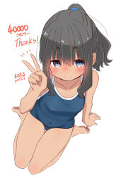 1girl artist_name bare_shoulders barefoot black_hair blue_eyes blush breasts closed_mouth competition_school_swimsuit dated from_above highres long_hair looking_at_viewer milestone_celebration nose_blush one-piece_swimsuit original ponytail retsumaru school_swimsuit sidelocks signature simple_background sitting small_breasts smile swimsuit thick_eyebrows thighs wariza white_background