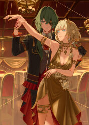 1girl absurdres afureru_colors aglaea_(honkai:_star_rail) alternate_costume anaxa_(honkai:_star_rail) black_coat black_gloves black_pants blonde_hair breast_tattoo breasts chair chandelier cleavage coat commentary couple dagger dancing dress english_commentary eyepatch gloves gold_dress green_eyes green_hair grey_vest highres holding holding_dagger holding_knife holding_weapon honkai:_star_rail honkai_(series) indoors knife large_breasts long_hair pants short_hair table tattoo thread vest weapon
