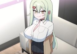 1girl akitokage animated areola_slip black_choker bouncing_breasts breasts brown_jacket censored censored_nipples choker cleavage fang green_hair grin hair_ornament hairclip heart heart_censor highres huge_breasts jacket large_breasts long_hair mesugaki mole mole_on_breast mole_under_mouth open_mouth orange_eyes school_uniform shirt shortstack skin_fang skirt smile solo sorako_mozu tagme video white_shirt yomega_kiss