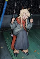 Rule 34 | 1girl, antlers, black dress, blonde hair, closed eyes, commentary, deer antlers, deer girl, deltarune, dress, goomyloid, highres, hooves, horns, long dress, long hair, night, noelle holiday, on swing, open mouth, red scarf, scarf, sitting, smile, solo, swing, swing set, symbol-only commentary
