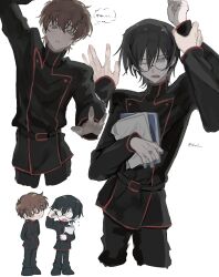 2boys black_hair black_pants black_shirt chibi code_geass cowboy_shot full_body glasses green_eyes highres kururugi_suzaku male_focus multiple_boys multiple_views nz01 pants purple_eyes shirt short_hair simple_background speech_bubble translation_request twitter_username white_background yaoi