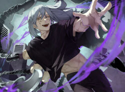 1boy abs air_(ai_r_) black_pants blue_eyes blue_hair building chain_blades cursed_energy_(jujutsu_kaisen) extra_arms fangs heterochromia highres jujutsu_kaisen long_hair low-tied_long_hair mahito_(jujutsu_kaisen) male_focus pants signature smile solo stitched_arm stitched_face stitched_neck stitches toned toned_male weapon yellow_eyes