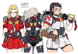 3girls adeptus_astartes asymmetrical_gloves backpack bag bike_shorts_under_skirt black_eyes black_hair black_thighhighs blonde_hair blood_angels bound bound_wrists breasts brown_gloves chain chain_necklace chainsword commentary covered_erect_nipples facial_scar fingerless_gloves genderswap genderswap_(mtf) gloves green_eyes grey_hair grin hair_over_one_eye hair_over_shoulder hand_on_own_hip highleg highleg_leotard holding holding_weapon jewelry leotard leotard_under_clothes mask medium_breasts miniskirt mouth_mask multiple_girls necklace outside_border pleated_skirt ponytail pouch red_gloves ryuusei_(mark_ii) scar scar_across_eye scar_on_cheek scar_on_face short_sleeves single_fingerless_glove skirt smile thighhighs torn_clothes torn_thighhighs warhammer_40k weapon white_scars zettai_ryouiki