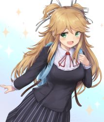 Rule 34 | 1girl, :d, backpack, bag, black shirt, black skirt, blonde hair, blush, breasts, collared shirt, cowboy shot, dargo, dutch angle, female focus, gradient background, green eyes, hair ribbon, hand up, highres, long hair, long sleeves, looking at viewer, medium breasts, neck ribbon, ninon (princess connect!), ninon (real) (princess connect!), open mouth, princess connect!, red ribbon, ribbon, school uniform, shirt, sidelocks, skirt, smile, solo, sparkle background, striped clothes, striped skirt, two side up, white ribbon