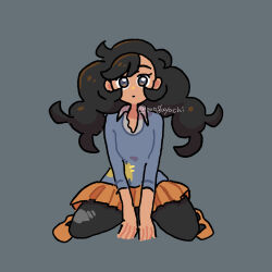 1girl black_hair creatures_(company) emma_(pokemon) game_freak grey_background grey_eyes hachisen highres looking_at_viewer nintendo orange_shoes orange_skirt pantyhose pokemon pokemon_xy shoes simple_background sitting skirt solo straight-on twitter_username wariza