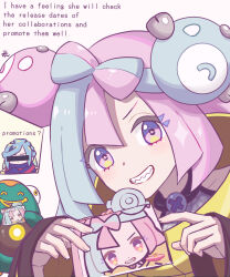 bellibolt bow-shaped_hair character_hair_ornament grusha_(pokemon) hair_ornament hexagon_print highres iono_(pokemon) jacket min_(myna8247) nintendo pokemon pokemon_sv yellow_jacket