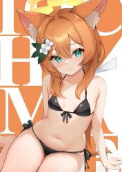 1girl animal_ear_fluff animal_ears aqua_eyes bikini black_bikini blue_archive breasts cat_ears cat_girl closed_mouth collarbone commentary flower front-tie_bikini_top front-tie_top hair_flower hair_ornament halo highres long_hair looking_at_viewer mari_(blue_archive) navel orange_hair side-tie_bikini_bottom sitting small_breasts smile solo swimsuit symbol-only_commentary yellow_halo zarashi