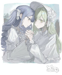 2girls animalization animate_(company) animate_cafe arm_bow bang_dream! bang_dream!_it&#039;s_mygo!!!!! black_background blue_background blue_hair bonnet border bow bowtie capelet chin_strap chinese_commentary closed_mouth collared_dress commentary_request cropped_torso dog doodle_inset dress drill_hair eye_contact face-to-face flower frilled_capelet frilled_dress frilled_ribbon frilled_sleeves frills green_hair hair_ribbon hand_up hat hat_flower heads_together highres holding_hands interlocked_fingers juliet_sleeves kuukip long_hair long_sleeves looking_at_another multiple_girls official_alternate_costume official_alternate_hairstyle outside_border parted_bangs parted_lips profile puffy_long_sleeves puffy_sleeves ribbon second-party_source sidelocks togawa_sakiko wakaba_mutsumi wavy_hair wavy_sidelocks white_bonnet white_border white_bow white_bowtie white_capelet white_dress white_ribbon wide_sleeves yellow_eyes
