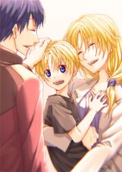 1girl 2boys blonde_hair blue_eyes blue_hair claude_c._kenny collarbone father_and_son grktsato ilia_silvestri long_hair low-tied_long_hair mother_and_son multiple_boys open_mouth ponytail ronyx_j._kenny short_hair short_ponytail simple_background smile star_ocean star_ocean_first_departure white_background