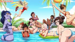 ashe_(overwatch) blonde_hair blue_hair blue_skin brigitte_(overwatch) brown_hair cameltoe colored_skin cote_d&#039;azur_widowmaker d.va_(overwatch) highres looking_at_viewer mei_(overwatch) mercy_(overwatch) multiple_girls overwatch pharah_(overwatch) pool reit sombra_(overwatch) swimsuit symmetra_(overwatch) tagme tracer_(overwatch) widowmaker_(overwatch)