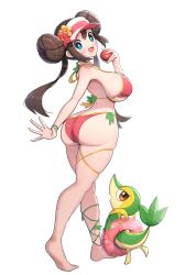 1girl :d absurdres ass back bare_shoulders bikini blue_eyes blush bracelet breasts brown_hair donut_hair_bun double_bun flower gen_5_pokemon gonzarez hair_bun hair_flower hair_ornament highres holding holding_poke_ball holding_swim_ring innertube jewelry kneepits large_breasts long_hair nintendo open_mouth pink_bikini plant poke_ball poke_ball_(basic) pokemon pokemon_(creature) pokemon_bw2 rosa_(pokemon) sideboob smile snivy solo swim_ring swimsuit twintails very_long_hair vines visor_cap white_background