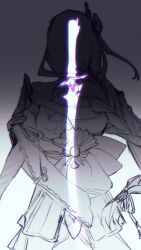 1girl absurdres armor back back_bow bow braid bridal_gauntlets chinese_commentary floating from_behind genshin_impact glowing glowing_sword glowing_weapon gradient_background hair_ornament hair_ribbon highres japanese_clothes kimono long_braid long_hair long_sleeves low-tied_long_hair mitsudomoe_(shape) monochrome off_shoulder partially_colored raiden_shogun ribbon sash shade shoulder_armor single_braid solo standing sword tomoe_(symbol) upper_body weapon wide_sleeves zai_aoye_wo_shi_gou